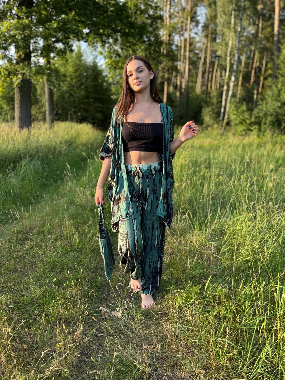 Moss Deep set kimono and tie dye pants